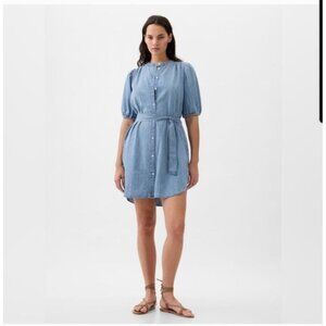 Gap Shirt Dress Small Puff Sleeve Light Wash Indigo Denim Boho Western Prairie